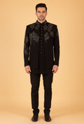Men’s Black Designer Embroidered Bandhgala Sherwani Jacket | Partywear & Reception Outfit