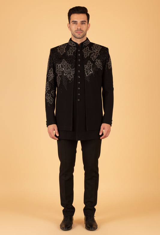 Men’s Black Designer Embroidered Bandhgala Sherwani Jacket | Partywear & Reception Outfit