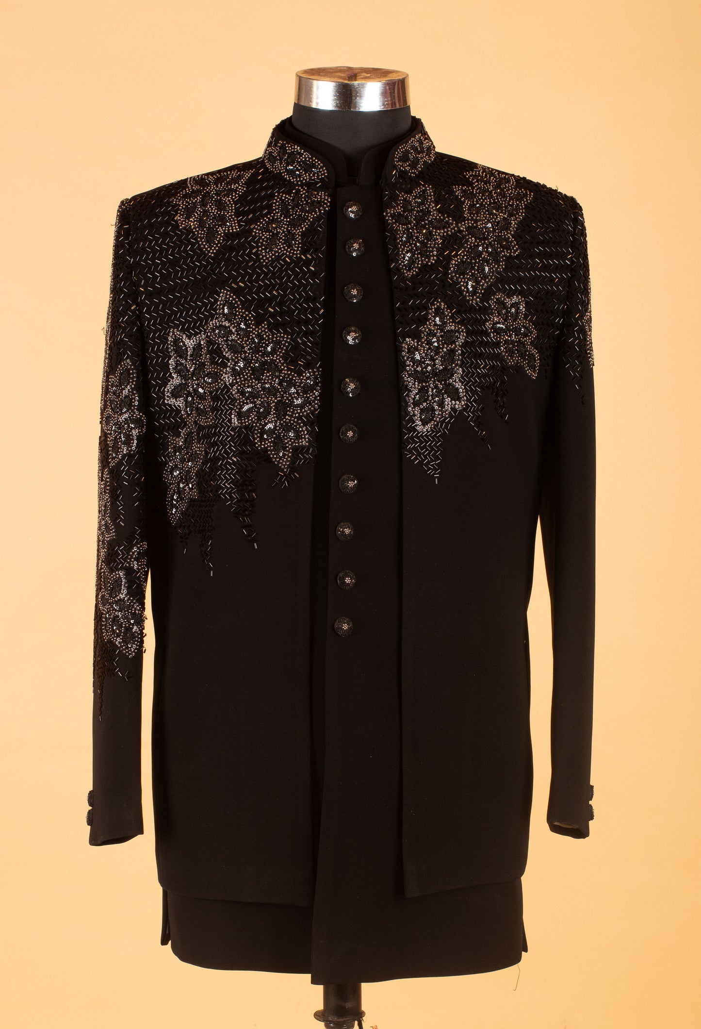 Men’s Black Designer Embroidered Bandhgala Sherwani Jacket | Partywear & Reception Outfit
