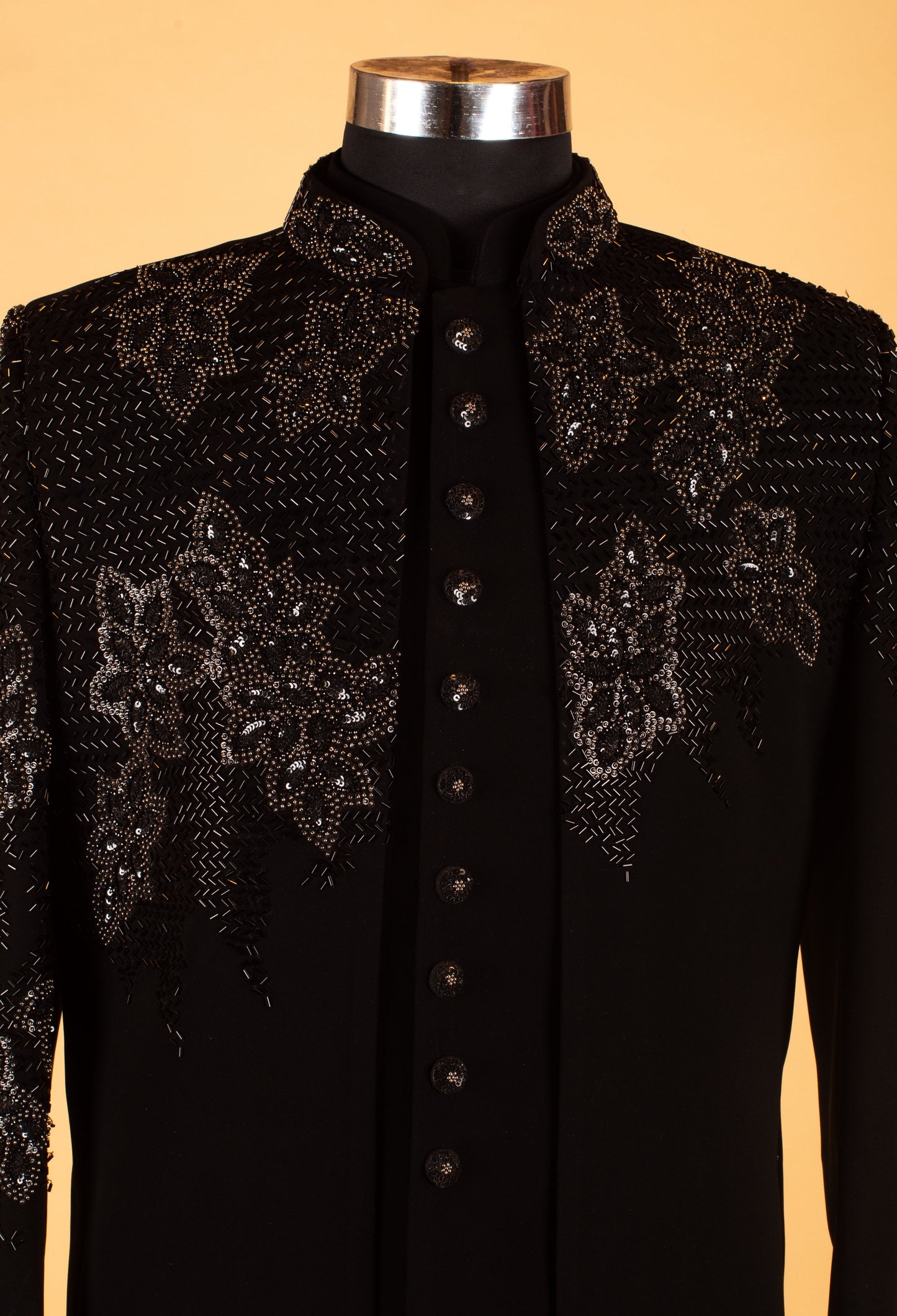 Men’s Black Designer Embroidered Bandhgala Sherwani Jacket | Partywear & Reception Outfit