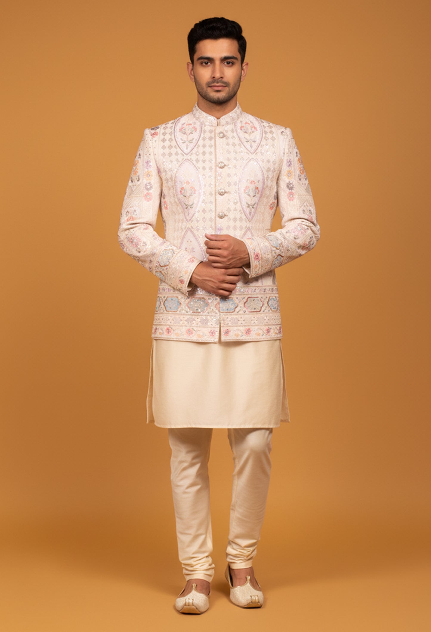 Men’s Ivory Multi-Color Embroidered Bandhgala Jacket | Luxury Wedding & Festive Indo-Western Wear