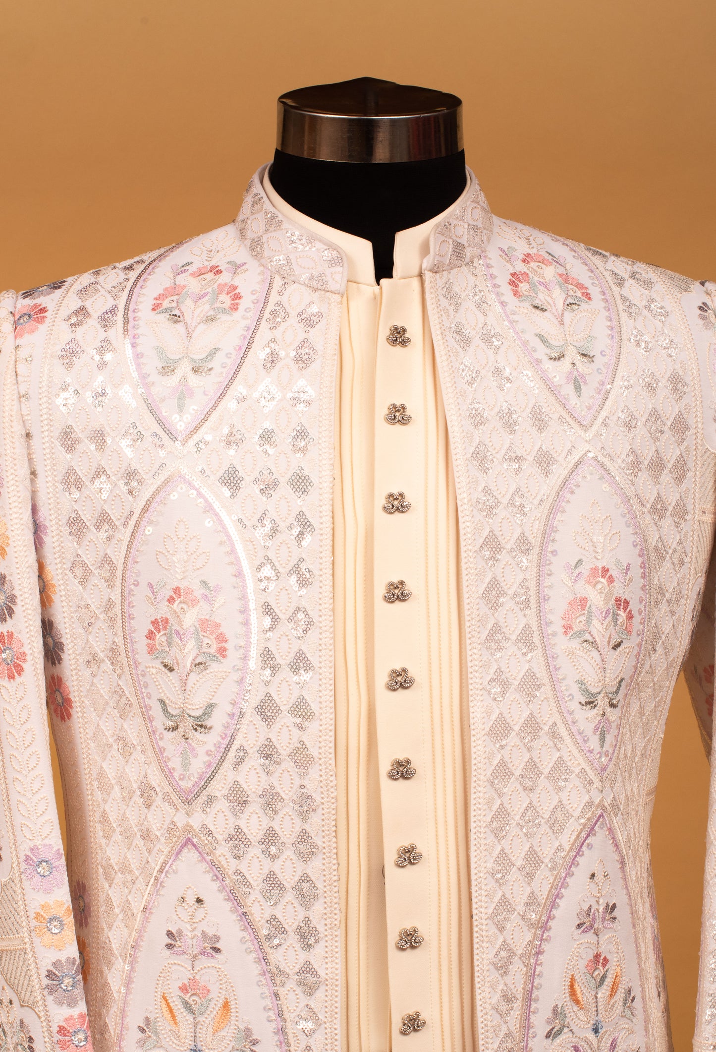 Men’s Ivory Multi-Color Embroidered Bandhgala Jacket | Luxury Wedding & Festive Indo-Western Wear
