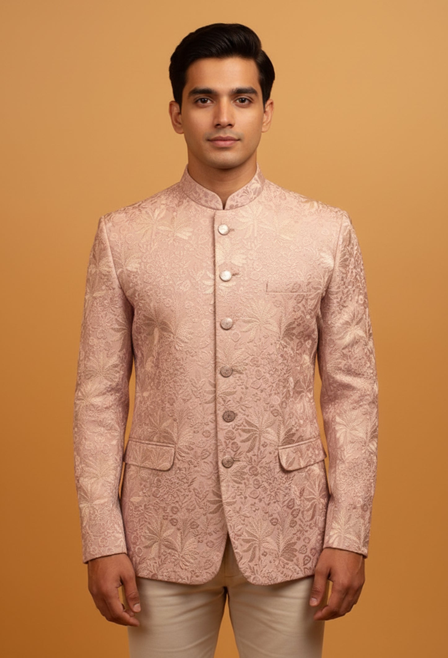 Men’s Designer Pastel Pink Embroidered Indo-Western Bandhgala | Wedding & Festive Wear Jacket