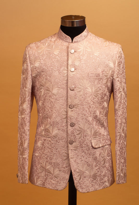 Pastel pink embroidered Indo-Western Bandhgala jacket for men – view 2