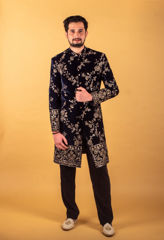 Men’s Royal Blue Velvet Sherwani with Heavy Gold Embroidery & Dupatta | Groom Wedding Wear