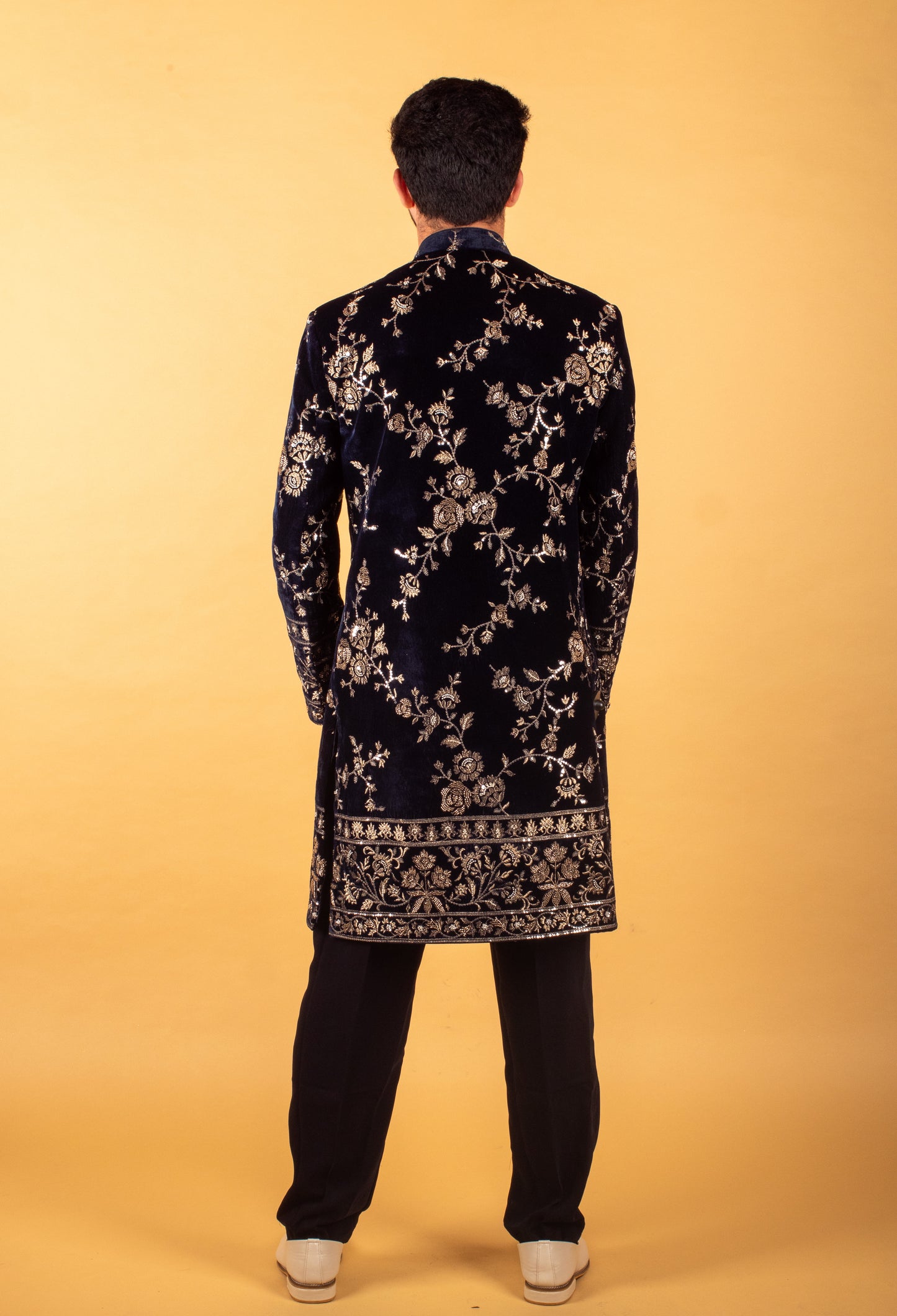 Men’s Royal Blue Velvet Sherwani with Heavy Gold Embroidery & Dupatta | Groom Wedding Wear