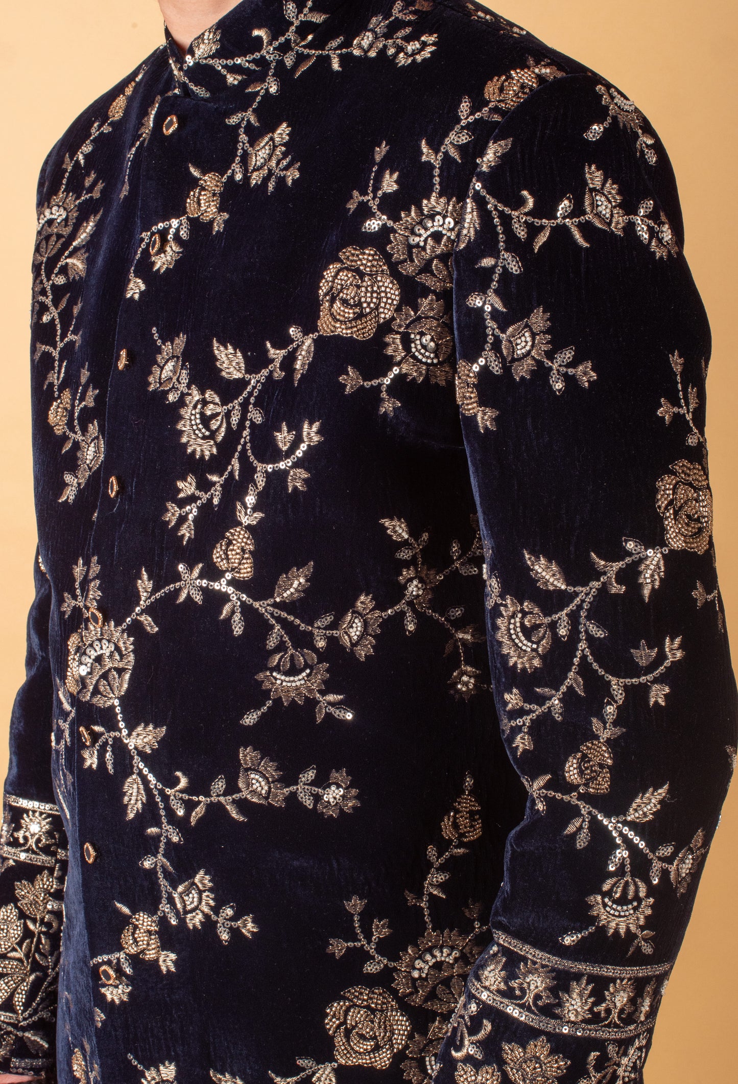 Men’s Royal Blue Velvet Sherwani with Heavy Gold Embroidery & Dupatta | Groom Wedding Wear