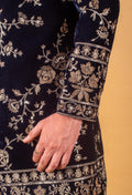 Men’s Royal Blue Velvet Sherwani with Heavy Gold Embroidery & Dupatta | Groom Wedding Wear