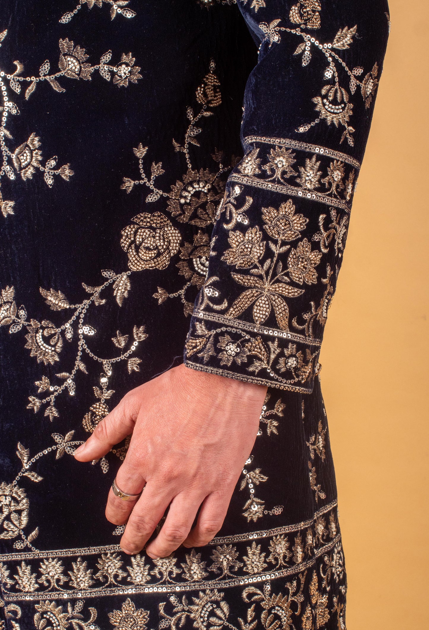 Men’s Royal Blue Velvet Sherwani with Heavy Gold Embroidery & Dupatta | Groom Wedding Wear