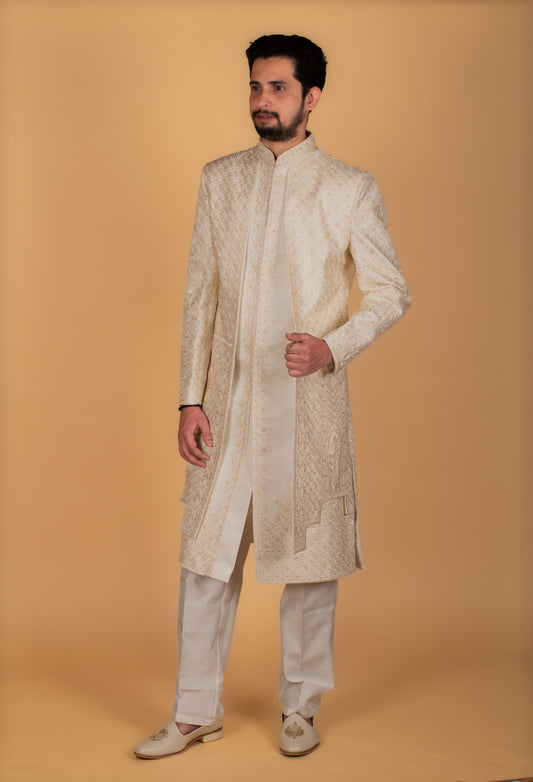 Ivory designer sherwani with intricate gold embroidery for men – view 2
