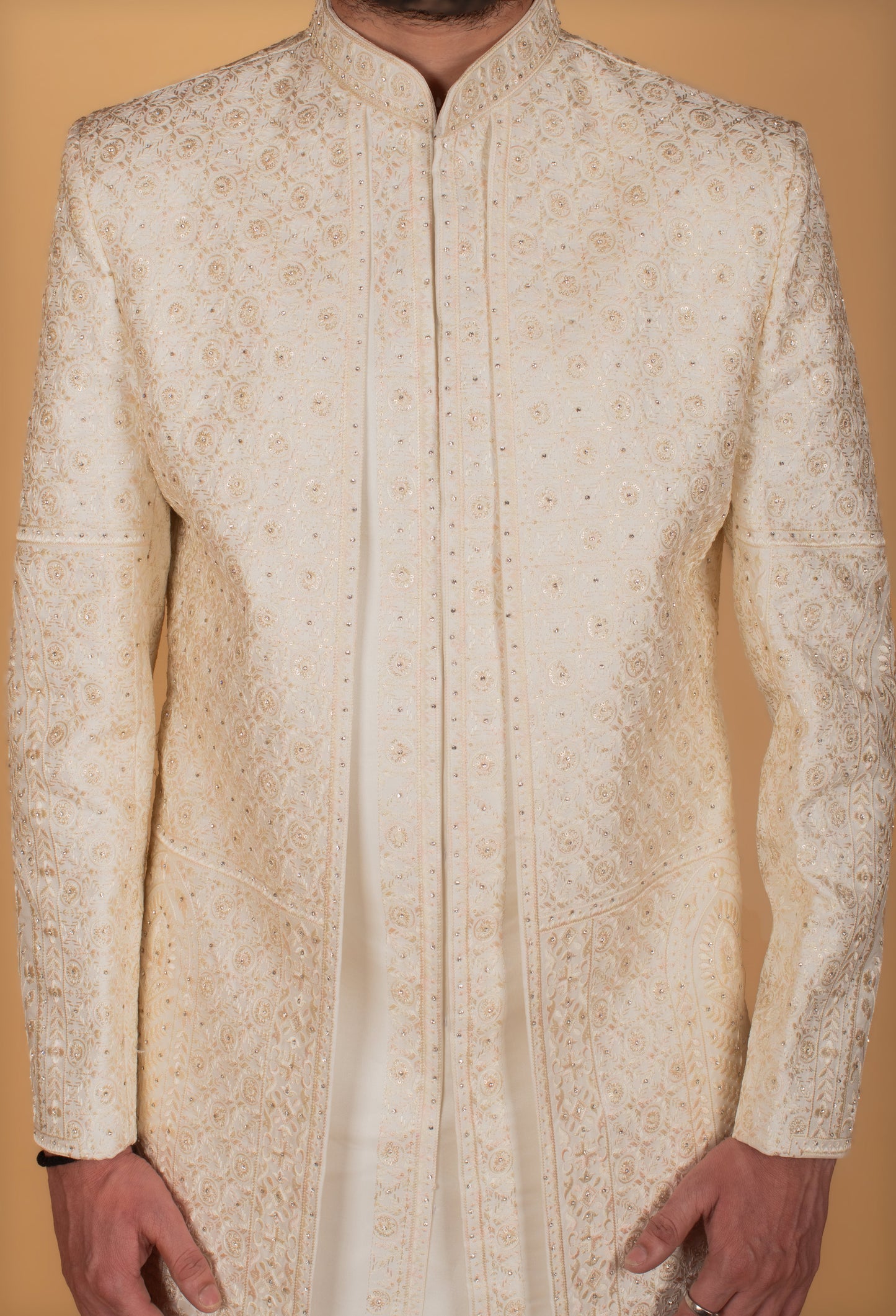 Men’s Ivory Designer Sherwani with Intricate Gold Embroidery | Groom Wedding & Reception Wear