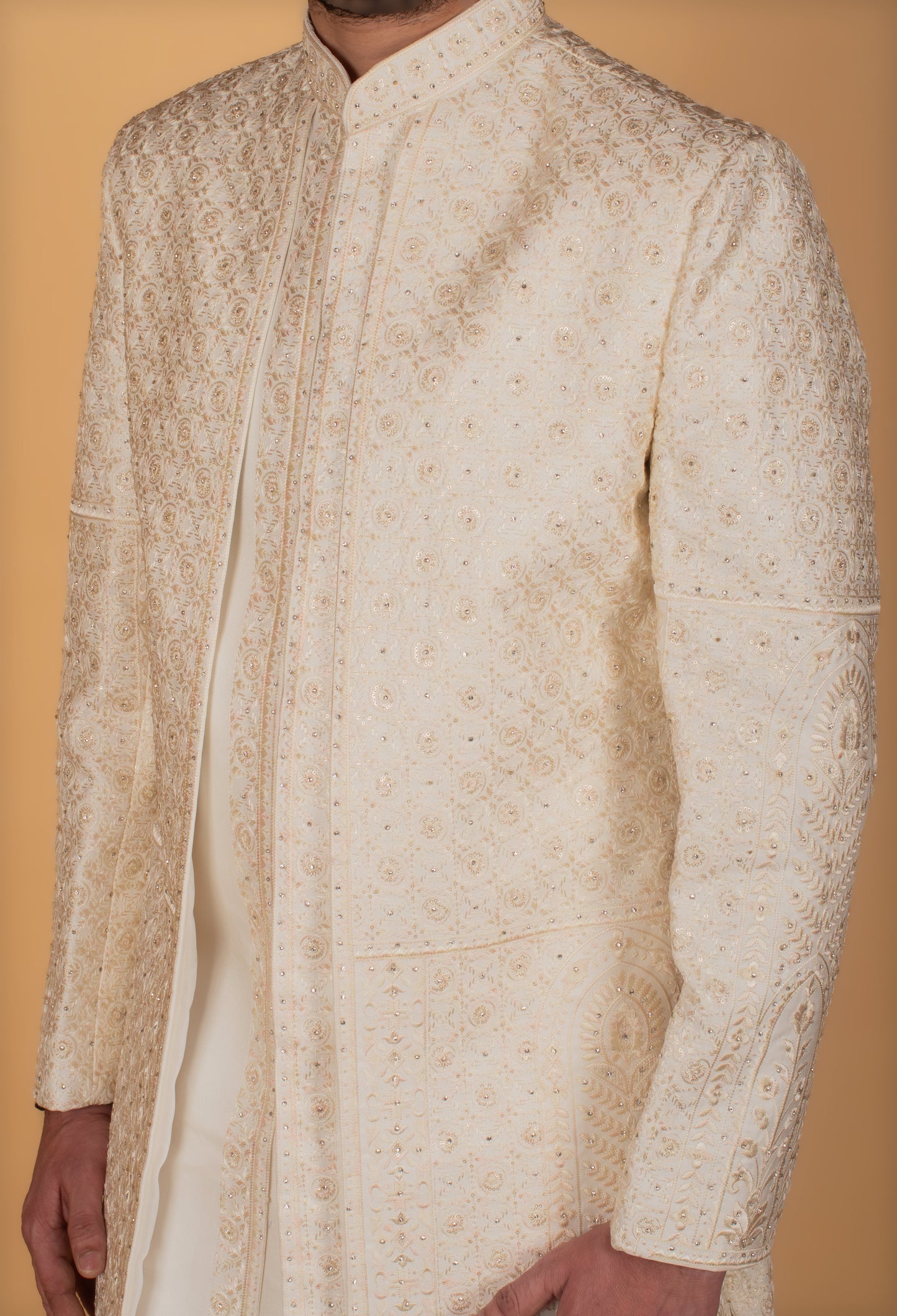 Men’s Ivory Designer Sherwani with Intricate Gold Embroidery | Groom Wedding & Reception Wear