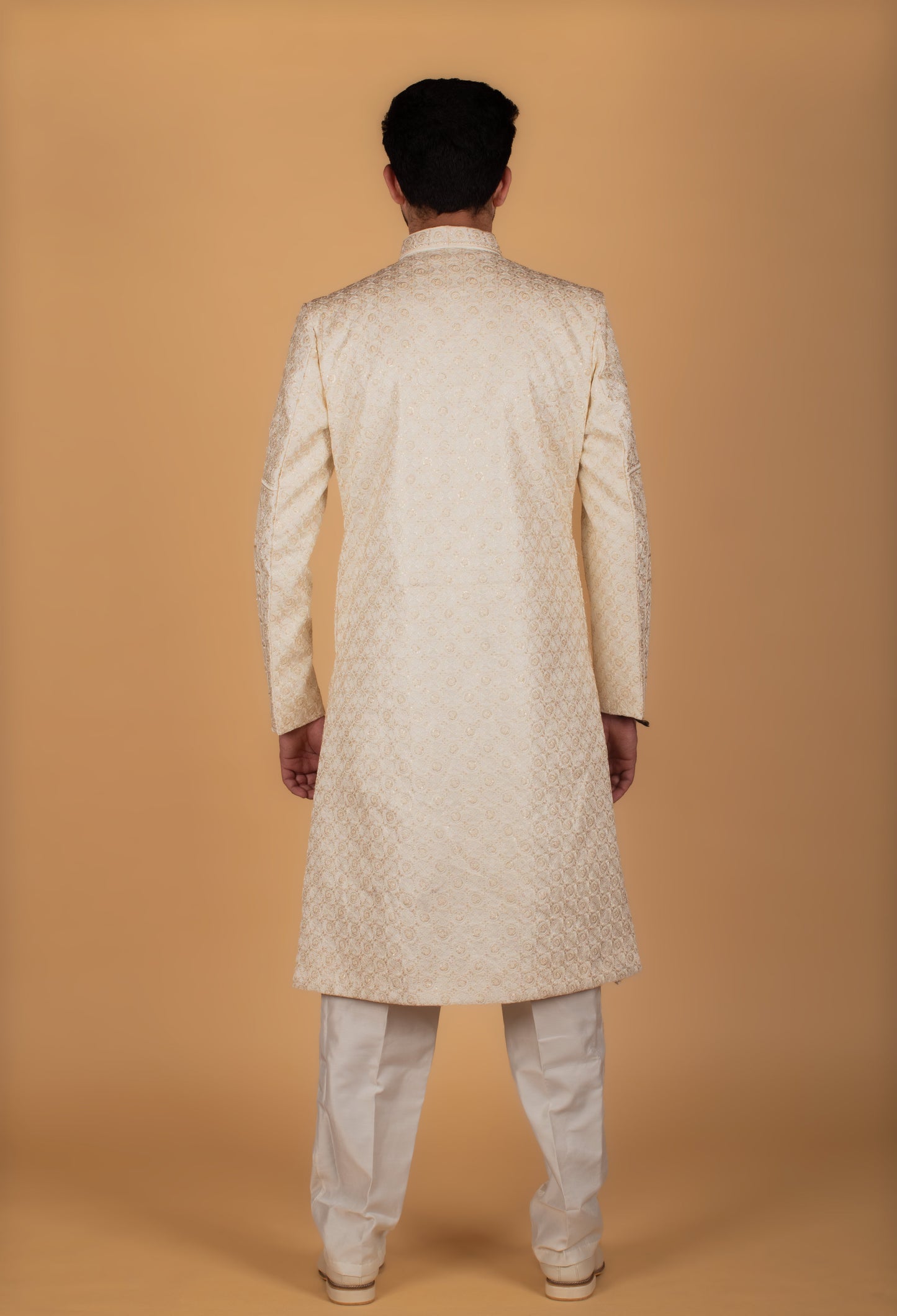 Men’s Ivory Designer Sherwani with Intricate Gold Embroidery | Groom Wedding & Reception Wear