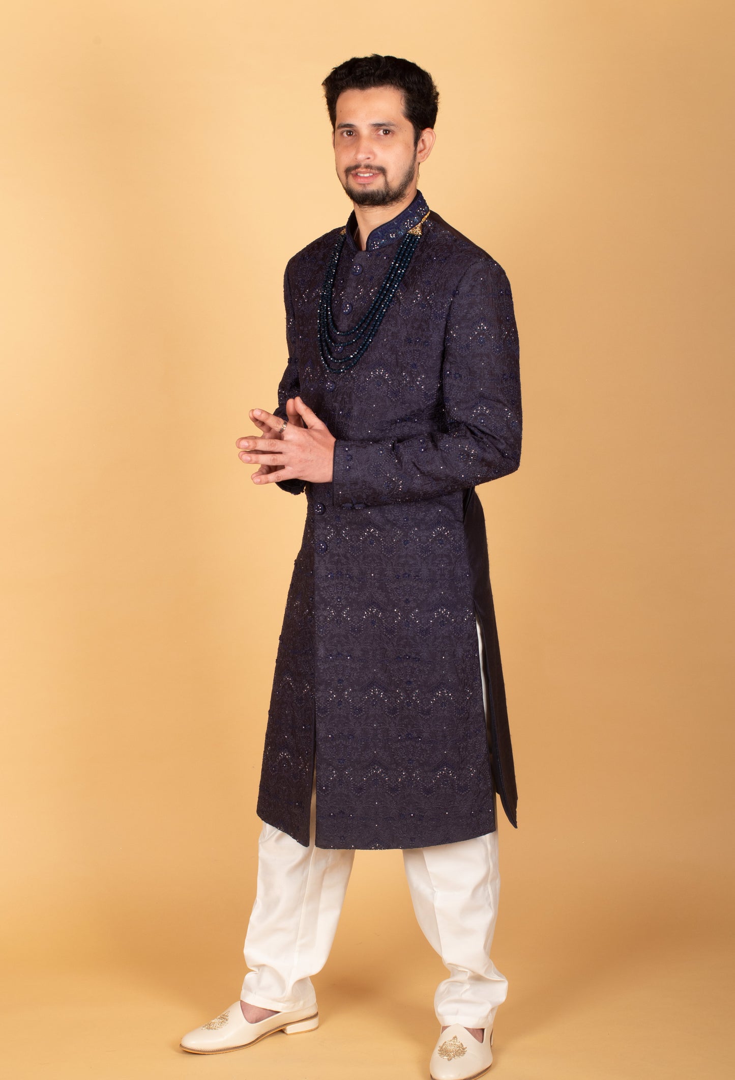 Men’s Navy Blue Designer Sherwani with Sequin Embroidery | Wedding & Reception Ethnic Wear