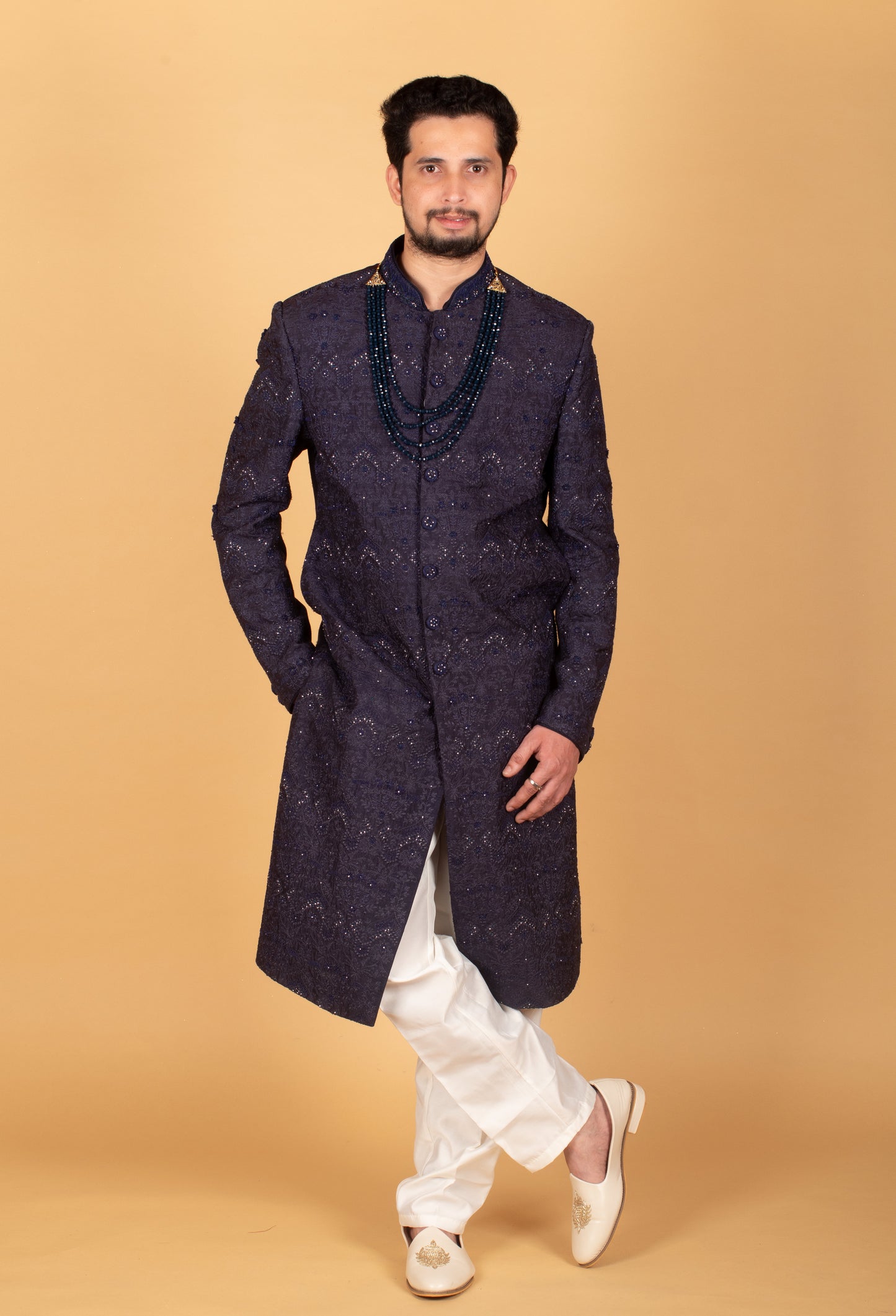 Men’s Navy Blue Designer Sherwani with Sequin Embroidery | Wedding & Reception Ethnic Wear