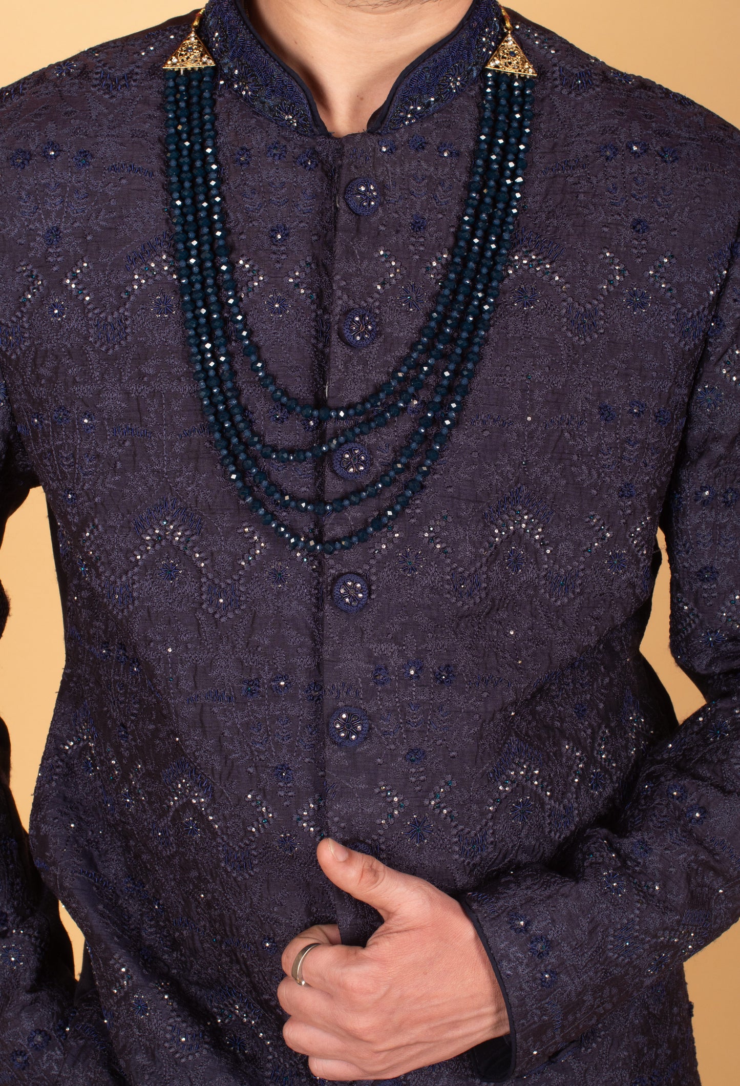 Men’s Navy Blue Designer Sherwani with Sequin Embroidery | Wedding & Reception Ethnic Wear
