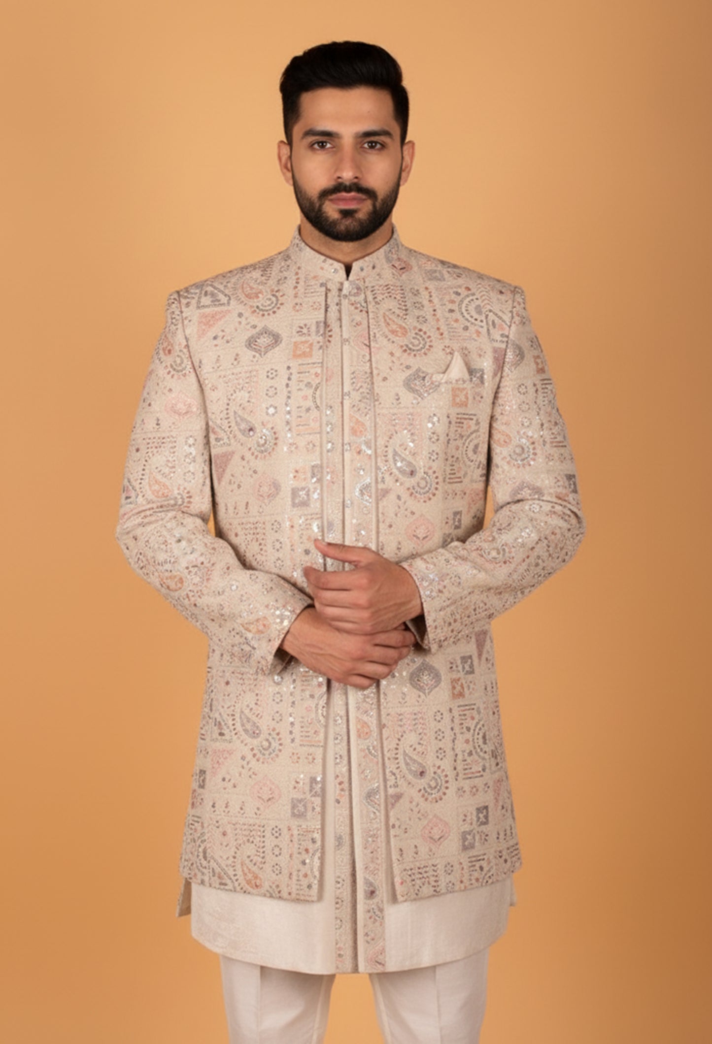 Men’s Beige Multi-Color Embroidered Indo-Western Achkan | Festive & Wedding Designer Jacket