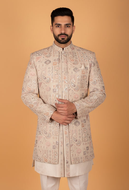 Men’s Beige Multi-Color Embroidered Indo-Western Achkan | Festive & Wedding Designer Jacket