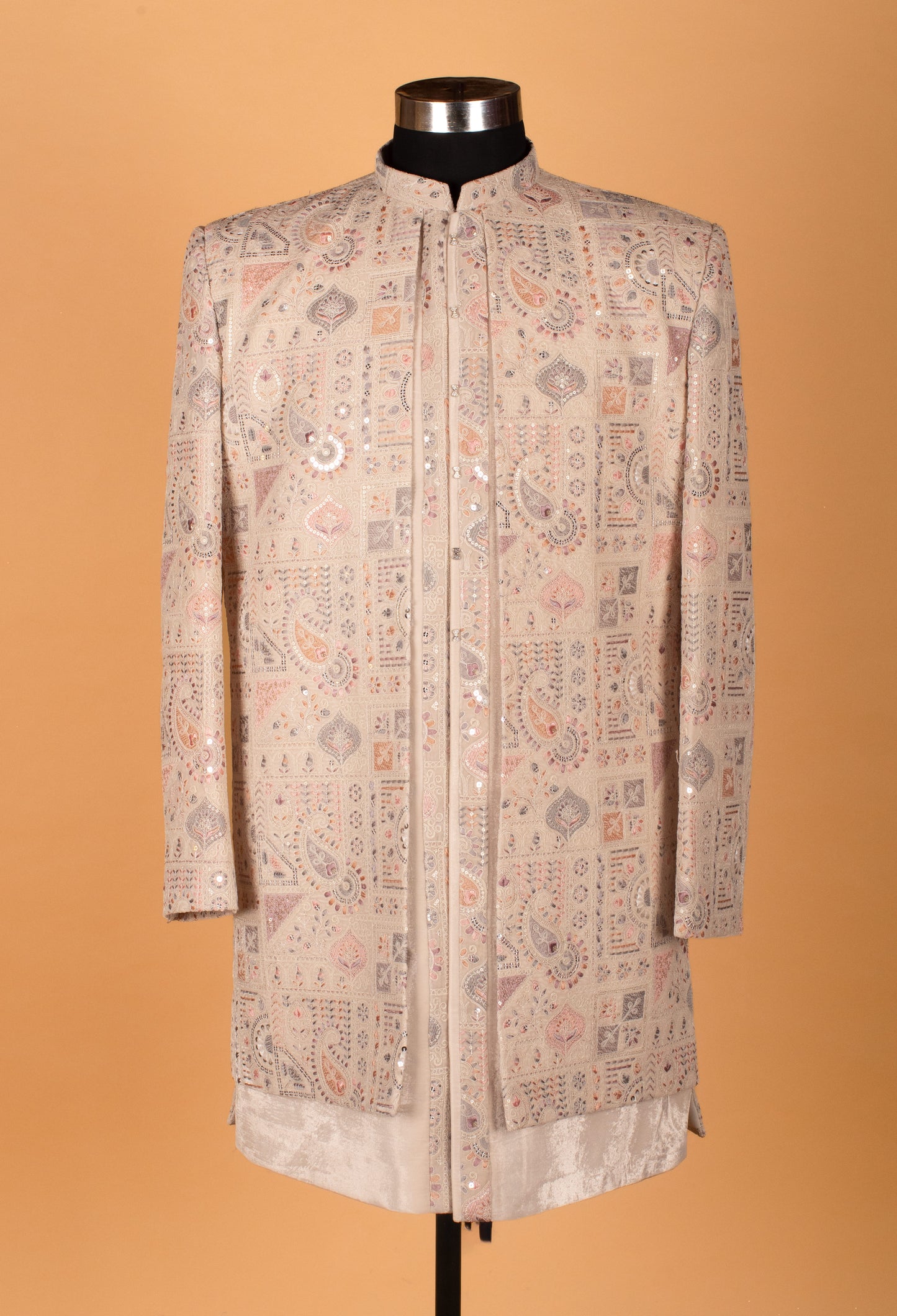 Men’s Beige Multi-Color Embroidered Indo-Western Achkan | Festive & Wedding Designer Jacket
