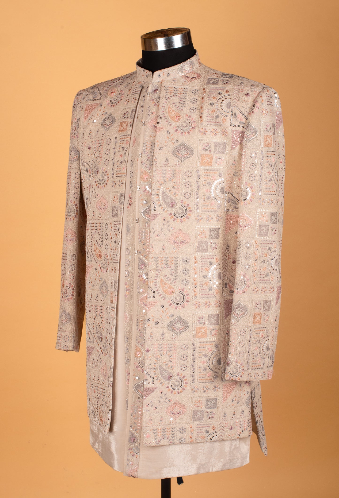 Men’s Beige Multi-Color Embroidered Indo-Western Achkan | Festive & Wedding Designer Jacket