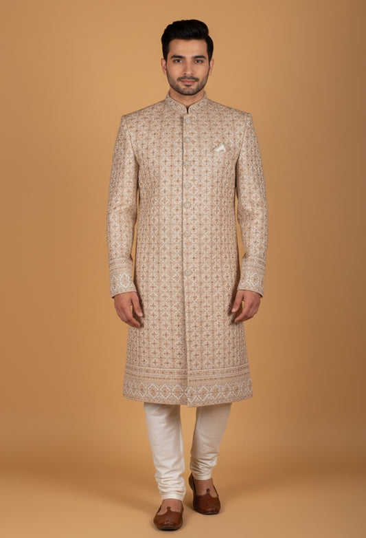 Men’s Beige Embroidered Sherwani with Intricate Thread & Sequin Work | Luxury Groom Wedding Wear