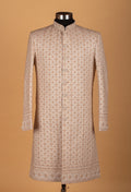 Men’s Beige Embroidered Sherwani with Intricate Thread & Sequin Work | Luxury Groom Wedding Wear
