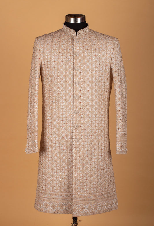Men’s beige embroidered sherwani with thread and sequin work – product image 2