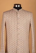 Men’s Beige Embroidered Sherwani with Intricate Thread & Sequin Work | Luxury Groom Wedding Wear