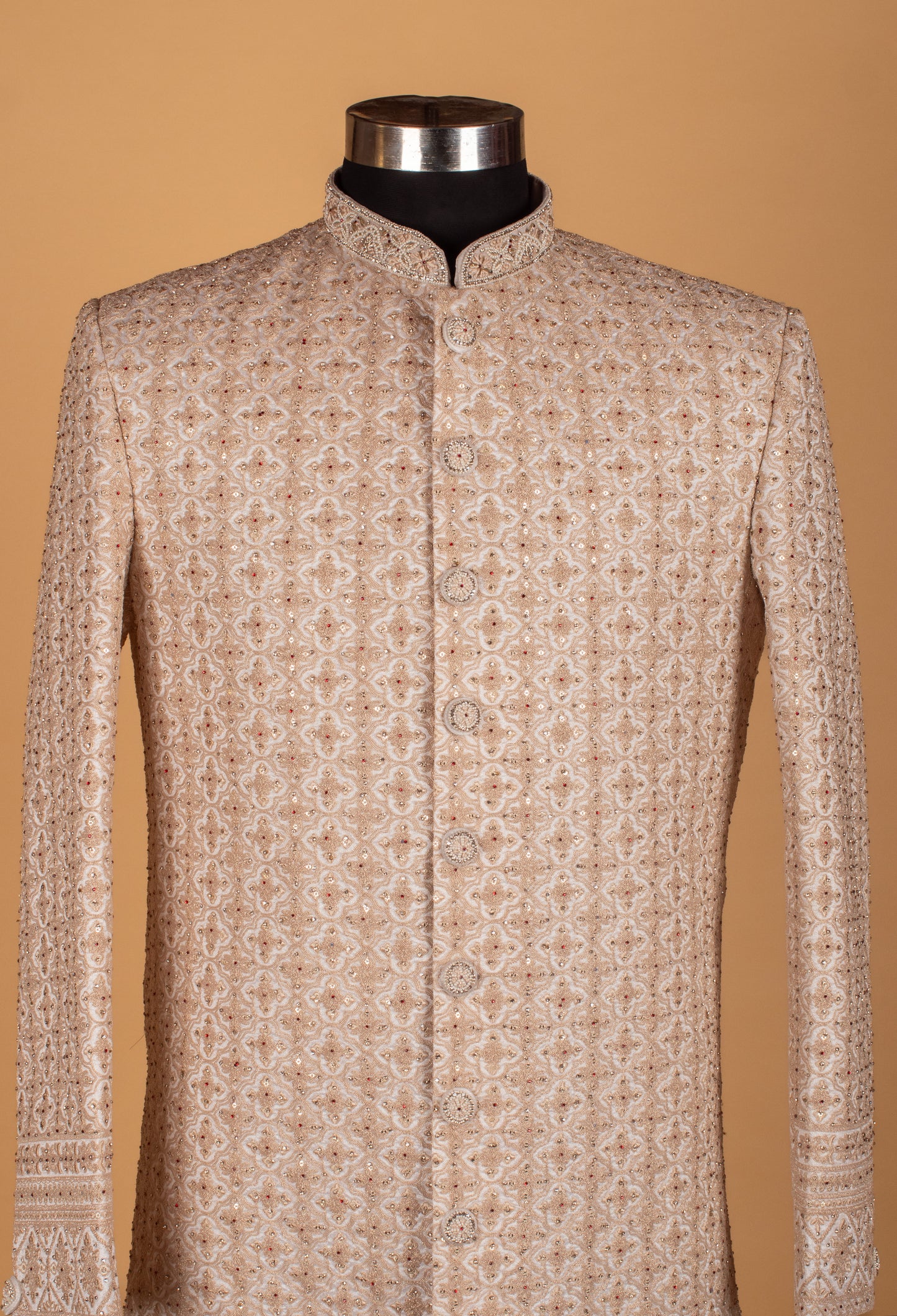 Men’s Beige Embroidered Sherwani with Intricate Thread & Sequin Work | Luxury Groom Wedding Wear