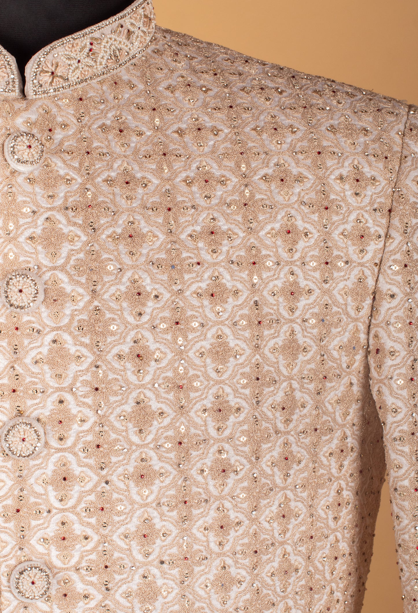 Men’s Beige Embroidered Sherwani with Intricate Thread & Sequin Work | Luxury Groom Wedding Wear