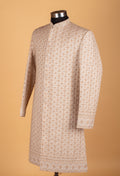 Men’s Beige Embroidered Sherwani with Intricate Thread & Sequin Work | Luxury Groom Wedding Wear