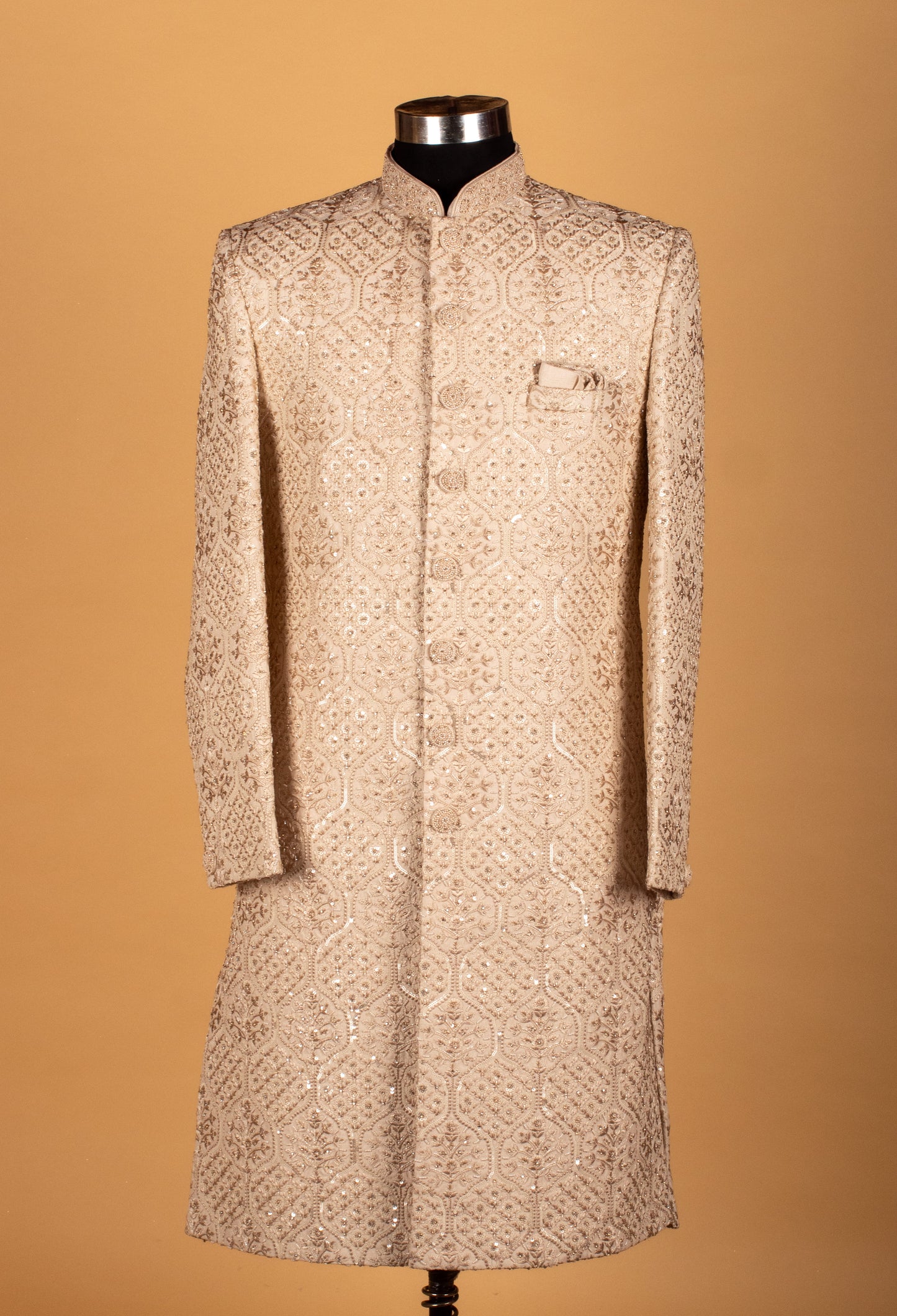 Men’s Champagne Gold Embroidered Bandhgala Sherwani Jacket | Wedding & Festive Designer Wear
