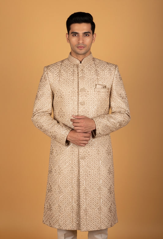 Men’s Champagne Gold Embroidered Bandhgala Sherwani Jacket | Wedding & Festive Designer Wear