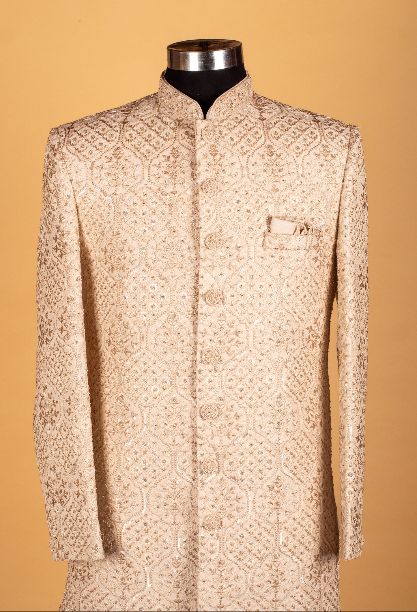 Men’s Champagne Gold Embroidered Bandhgala Sherwani Jacket | Wedding & Festive Designer Wear