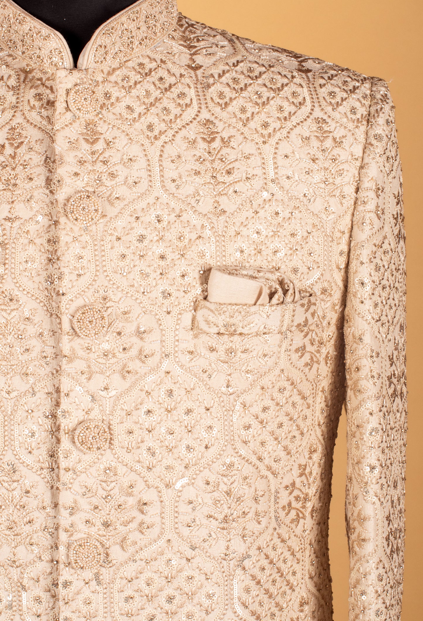 Men’s Champagne Gold Embroidered Bandhgala Sherwani Jacket | Wedding & Festive Designer Wear