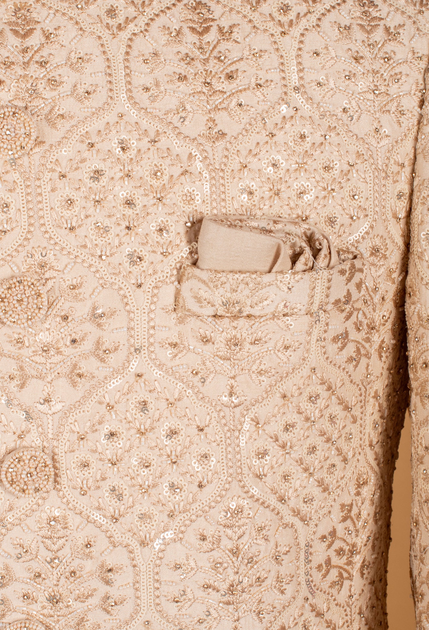 Men’s Champagne Gold Embroidered Bandhgala Sherwani Jacket | Wedding & Festive Designer Wear