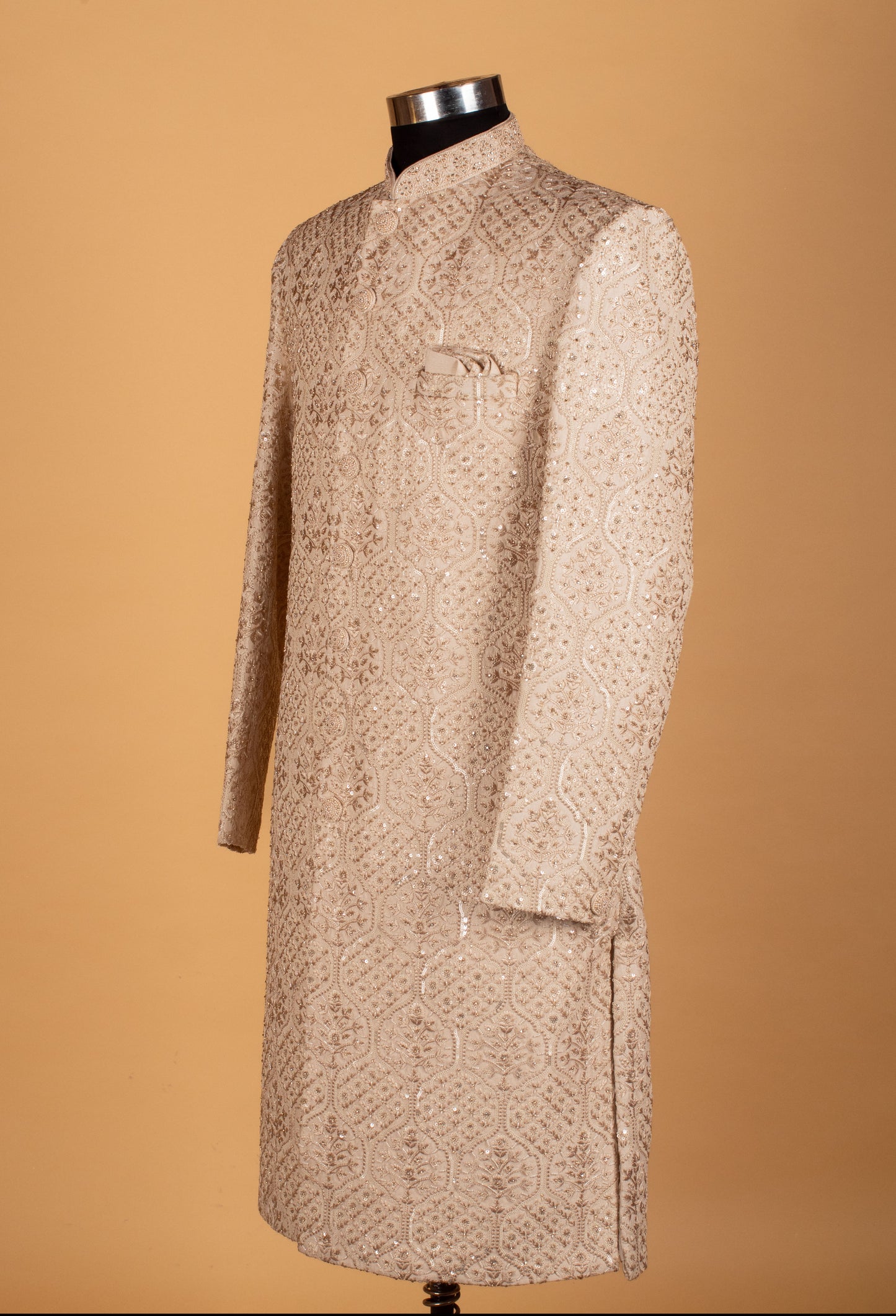 Men’s Champagne Gold Embroidered Bandhgala Sherwani Jacket | Wedding & Festive Designer Wear