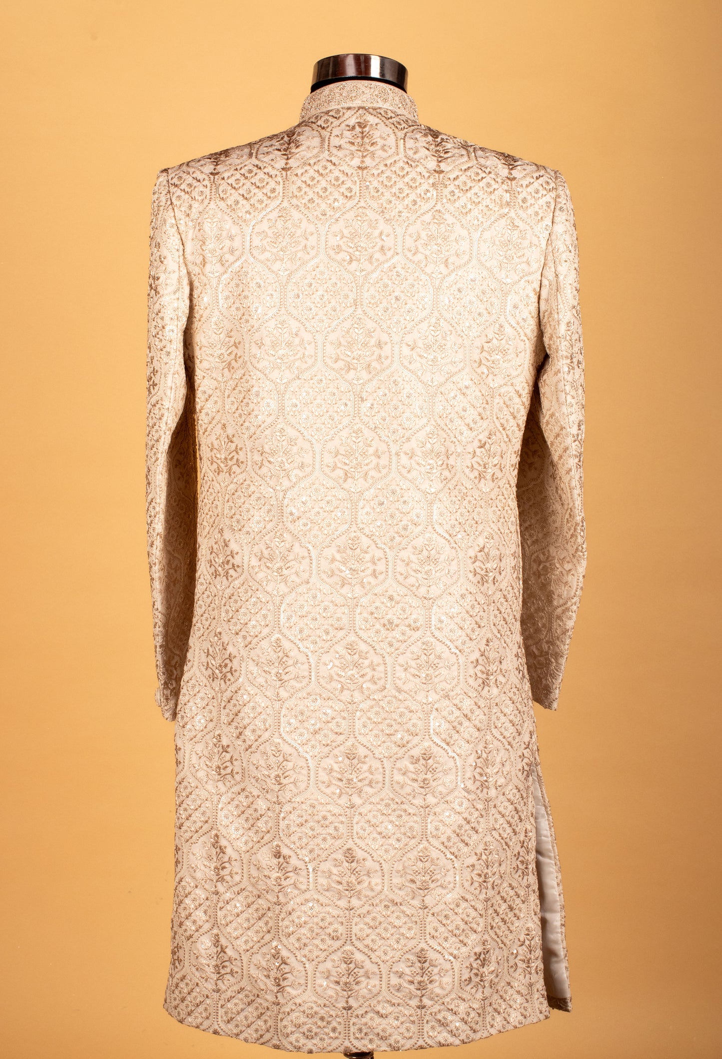 Men’s Champagne Gold Embroidered Bandhgala Sherwani Jacket | Wedding & Festive Designer Wear