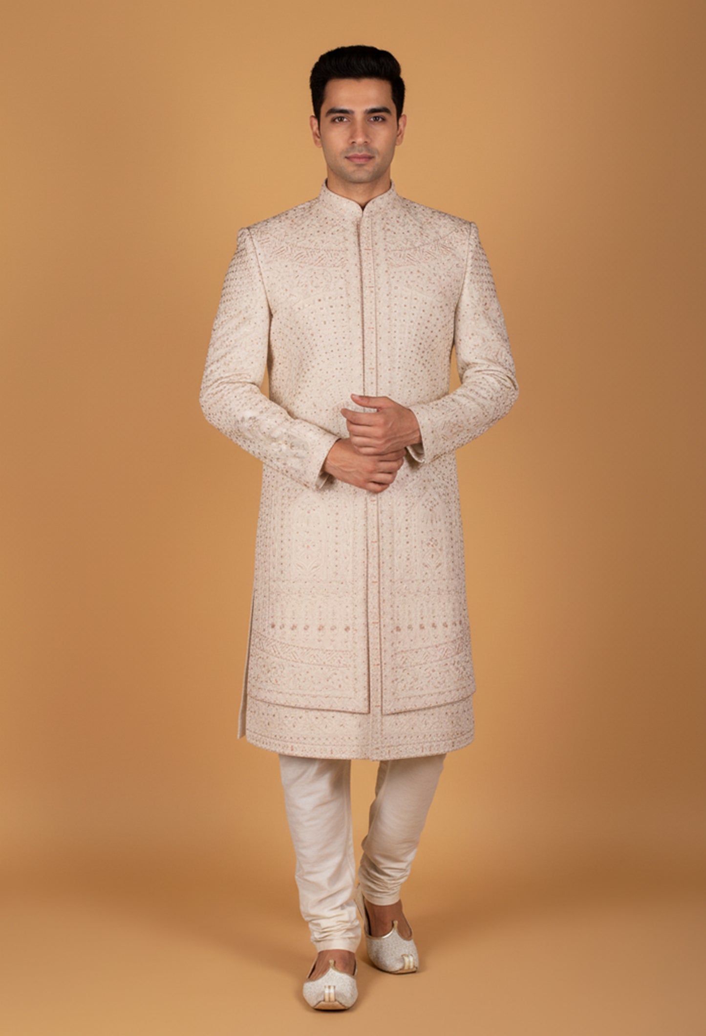 Men’s Ivory Hand-Embroidered Sherwani with Sequin & Resham Work | Luxury Groom Wedding Outfit