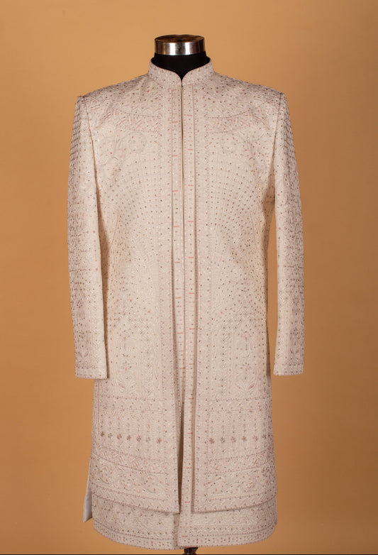 Men’s ivory hand-embroidered sherwani with sequin and resham work – product image 2