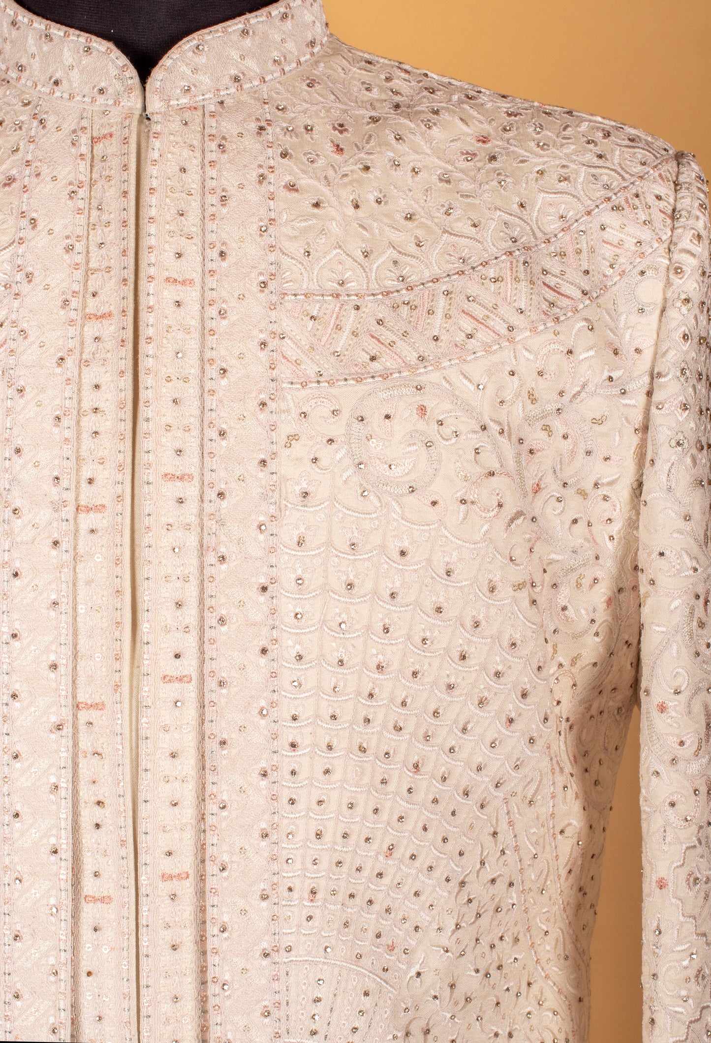 Men’s Ivory Hand-Embroidered Sherwani with Sequin & Resham Work | Luxury Groom Wedding Outfit