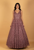 Mauve Embellished Net Gown with All-Over Sequin & Thread Work
