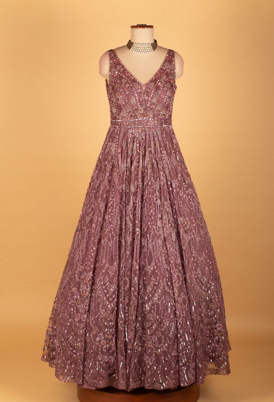 Mauve embellished net gown with all-over sequin and thread work – product image 2