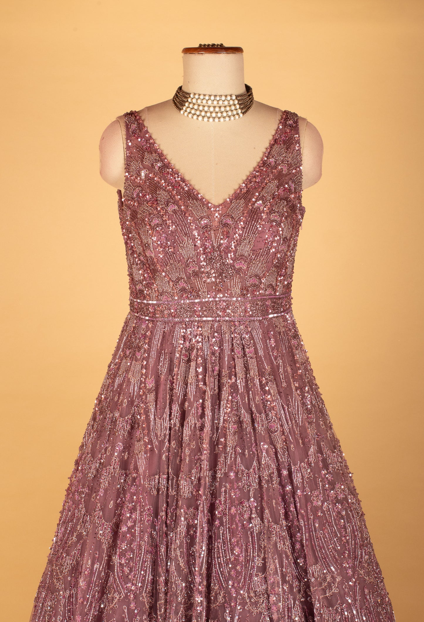Mauve Embellished Net Gown with All-Over Sequin & Thread Work