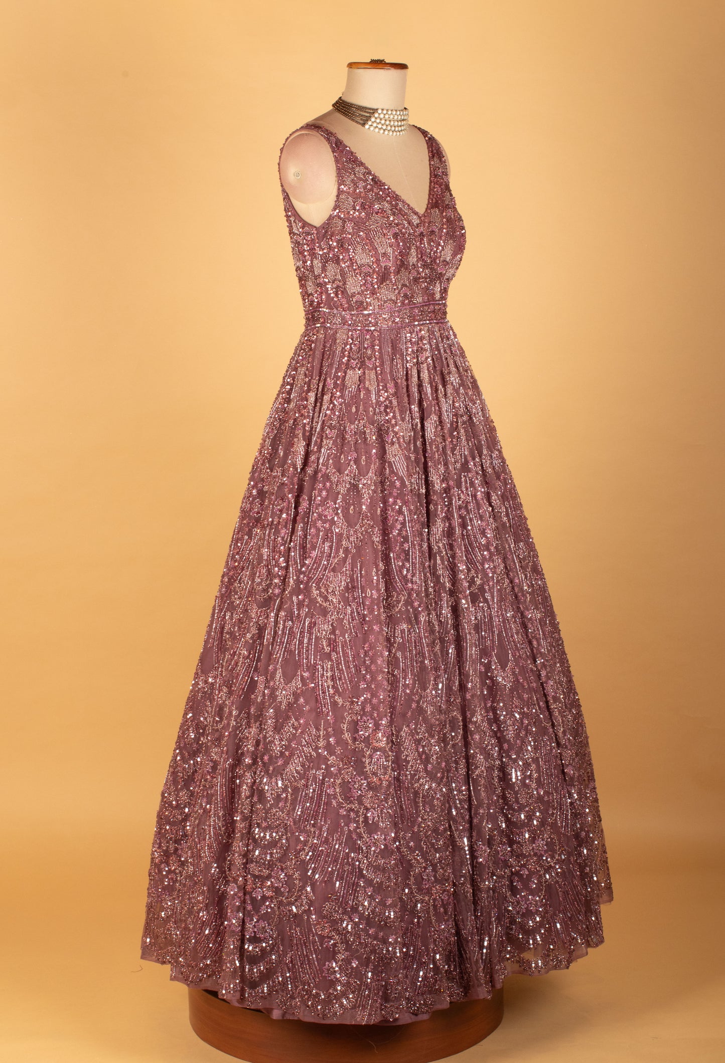 Mauve Embellished Net Gown with All-Over Sequin & Thread Work