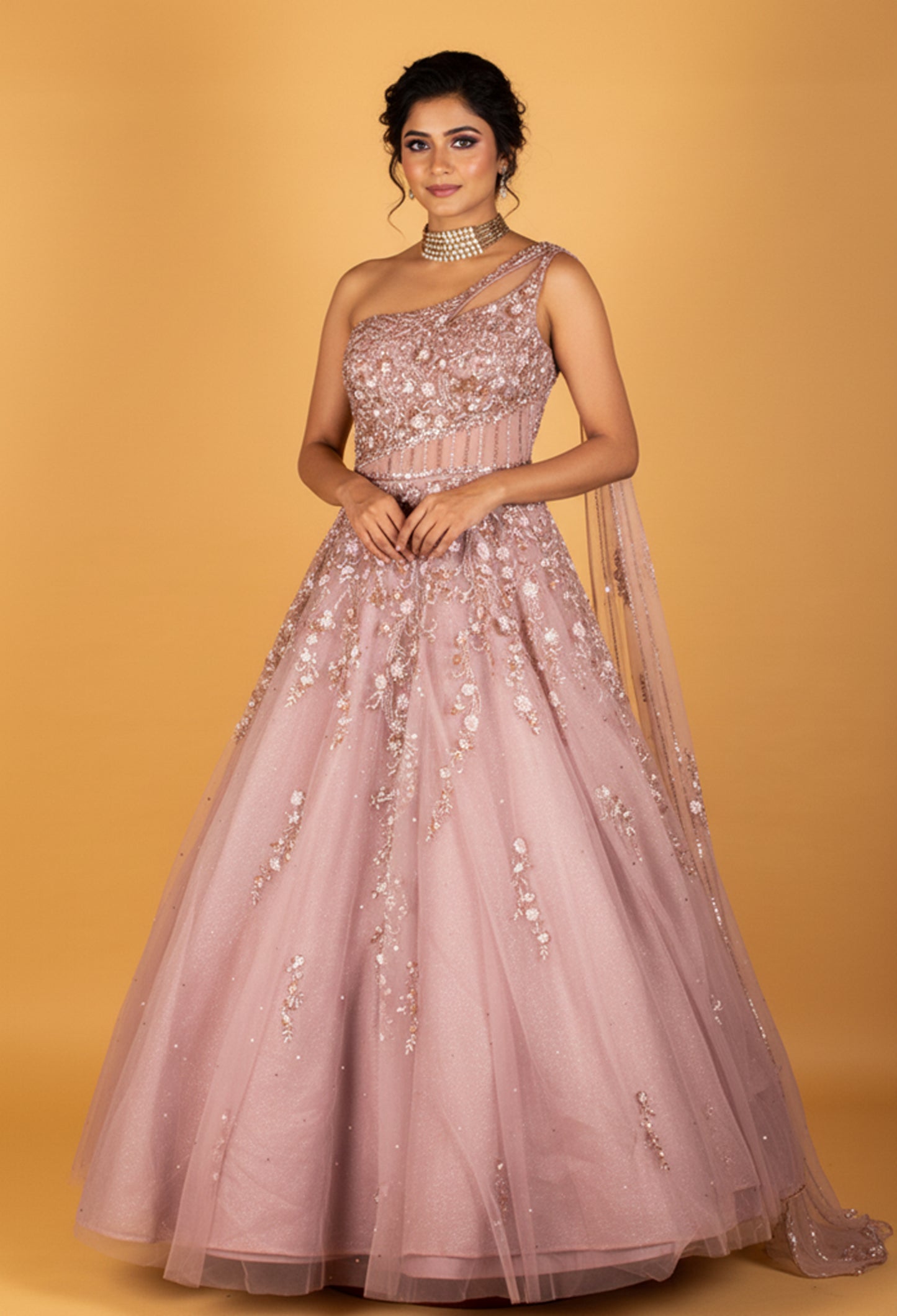 Blush Pink One-Shoulder Embellished Net Gown with Floral Sequin Work