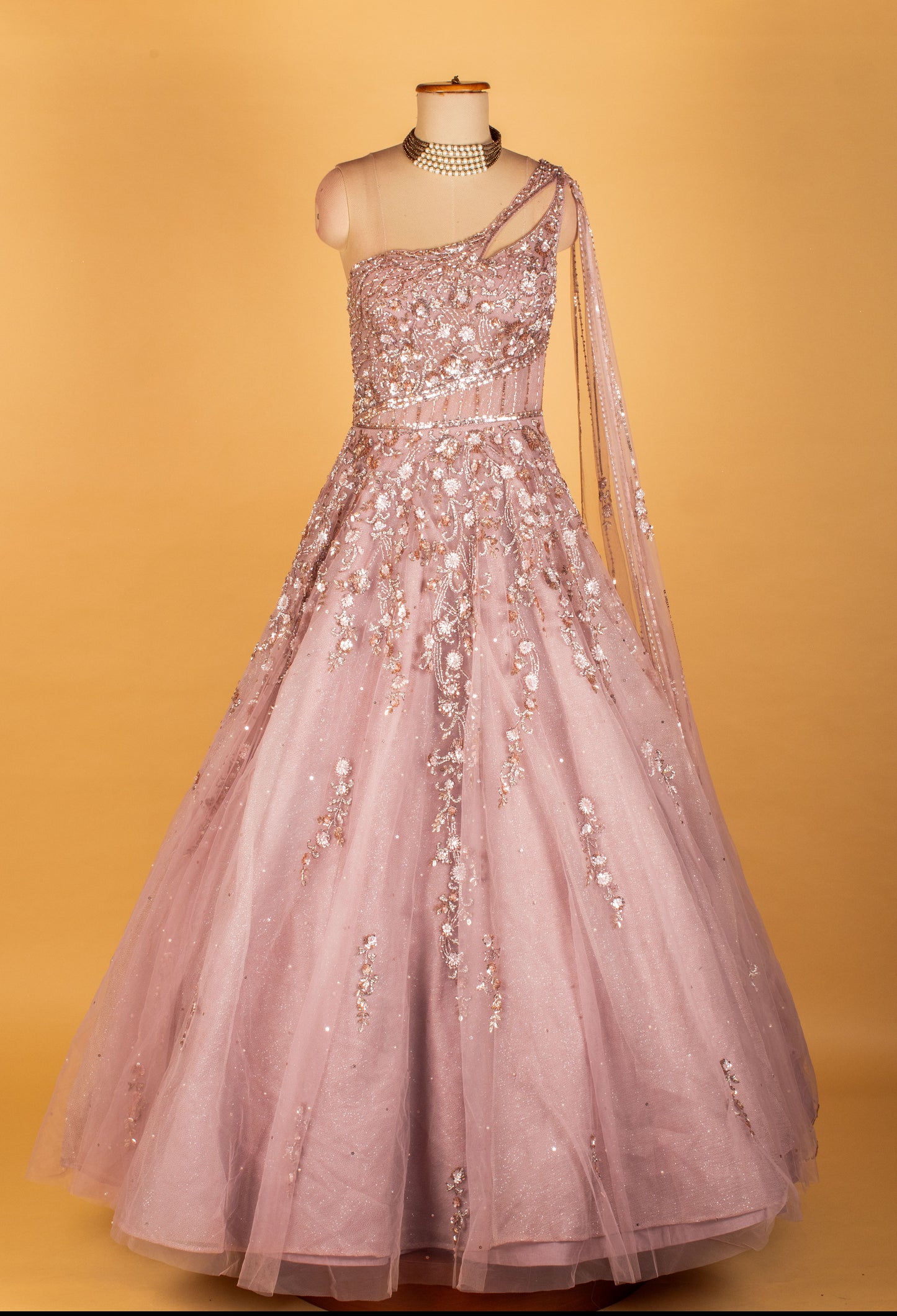 Blush Pink One-Shoulder Embellished Net Gown with Floral Sequin Work