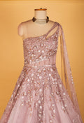 Blush Pink One-Shoulder Embellished Net Gown with Floral Sequin Work