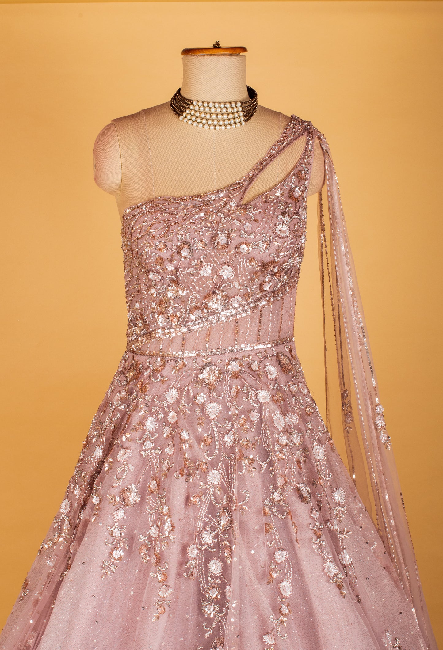 Blush Pink One-Shoulder Embellished Net Gown with Floral Sequin Work
