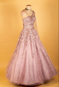 Blush Pink One-Shoulder Embellished Net Gown with Floral Sequin Work